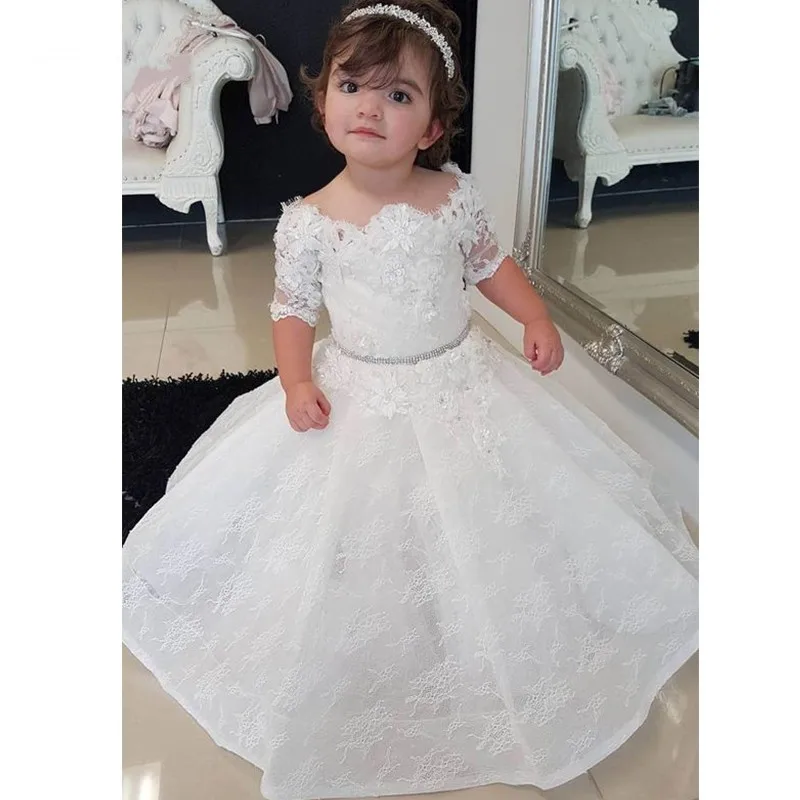 

Lovely Princess Dress with 3D Floral Appliques Crystals Half Sleeves Custom Made For Girls Birthday Party Holy Communion Gowns
