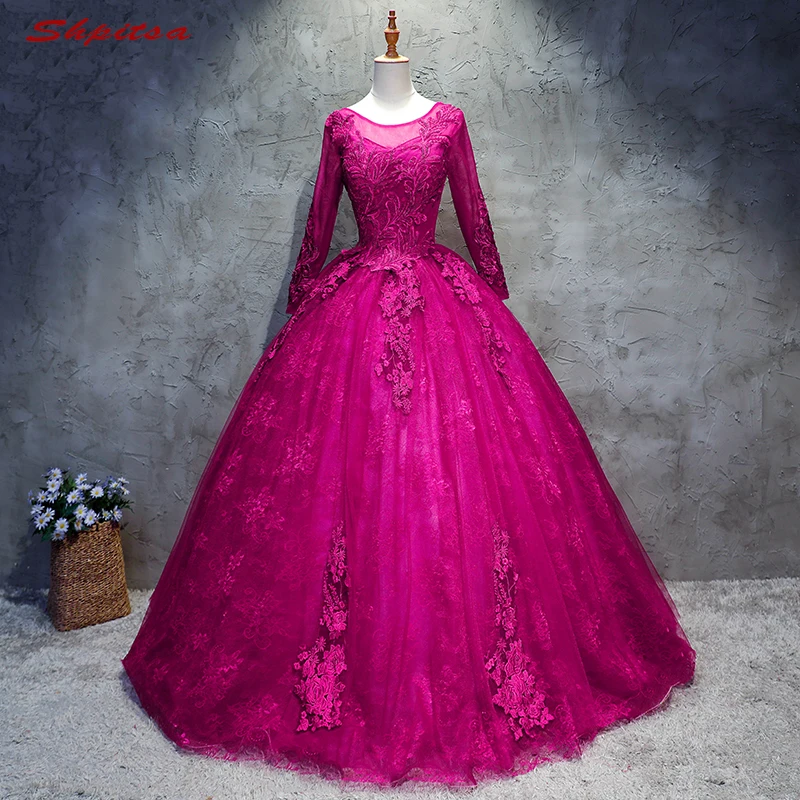 2018 Long Sleeve Lace Quinceanera Dresses Ball Gown 15 Sweet 16 Puffy Quinceanera Gown Prom Dresses for 15 Years