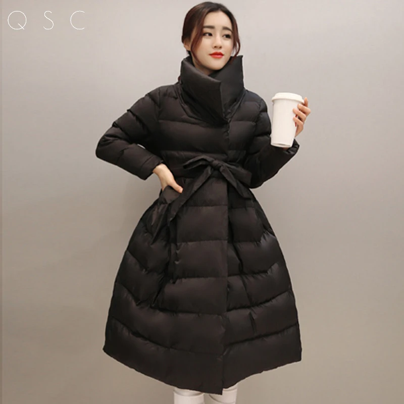 Épaisses pourpre Solide Femmes Écharpes Veste Jupe Qian Long Vestes Longue gris Noir D'hiver Manteaux 2018 Si Arc Ceinture Chen Femme Parka rouge Hiver wxfPpq