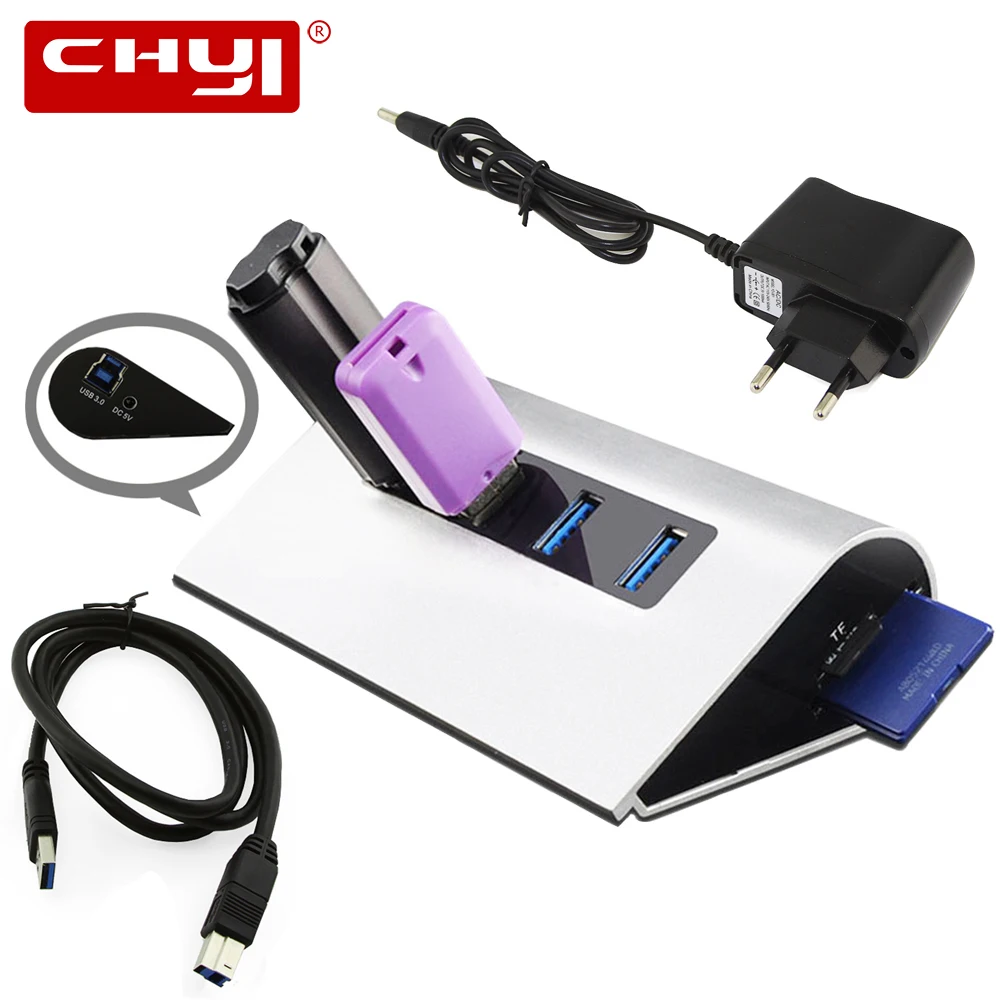 CHYI 4 порта USB3.0 концентратор 4 порта и USB 3,0 разветвитель для SD/TF 5 Гбит/с высокоскоростной кардридер с адаптером питания комбо для ПК ноутбука