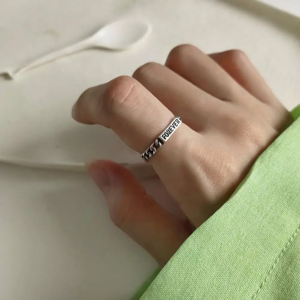 

Retro "Forever" Engraved Rectangle Authentic S925 Sterling Silver FINE Jewelry Chain Rings adjust Punk TLJ635