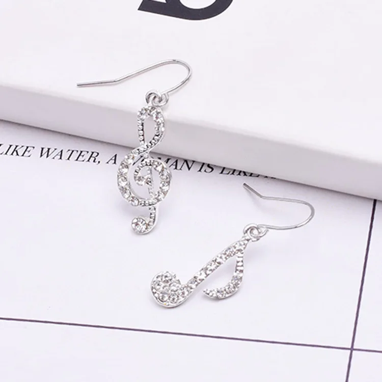 Asymmetric Personality Trendy Music Notes Ear Hook Crystal Silver Color Rhinestone Earring Women Accessory Lady Dangle Earrings - Image 3