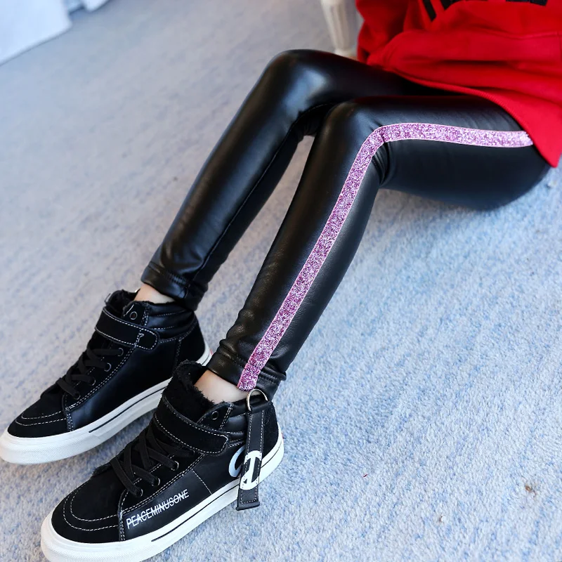 

Puckcovi Blink stripe Girl Winter Leggings Kids Warmed Velvet Inner Pants Warm Leggings girl Winter Teenage girl clothes