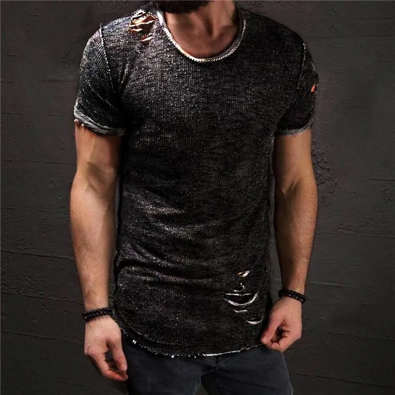 

Summer 2018 Fashion Ripped Clothes Men Tee Hole Solid T-Shirt Slim Fit O Neck Short Sleeve Muscle Casual Jersey Tops T Shirts