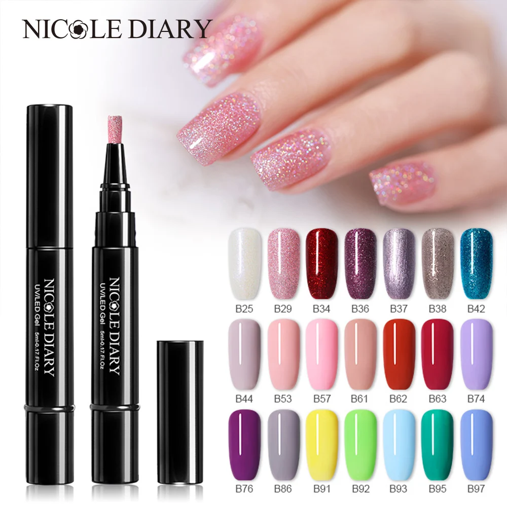 

NICOLE DIARY One Step Gel Nail Varnish Pen Glitter 3 In 1 Nail Art Color Gel Polish Hybrid Easy To Use UV Gel Paint Glue