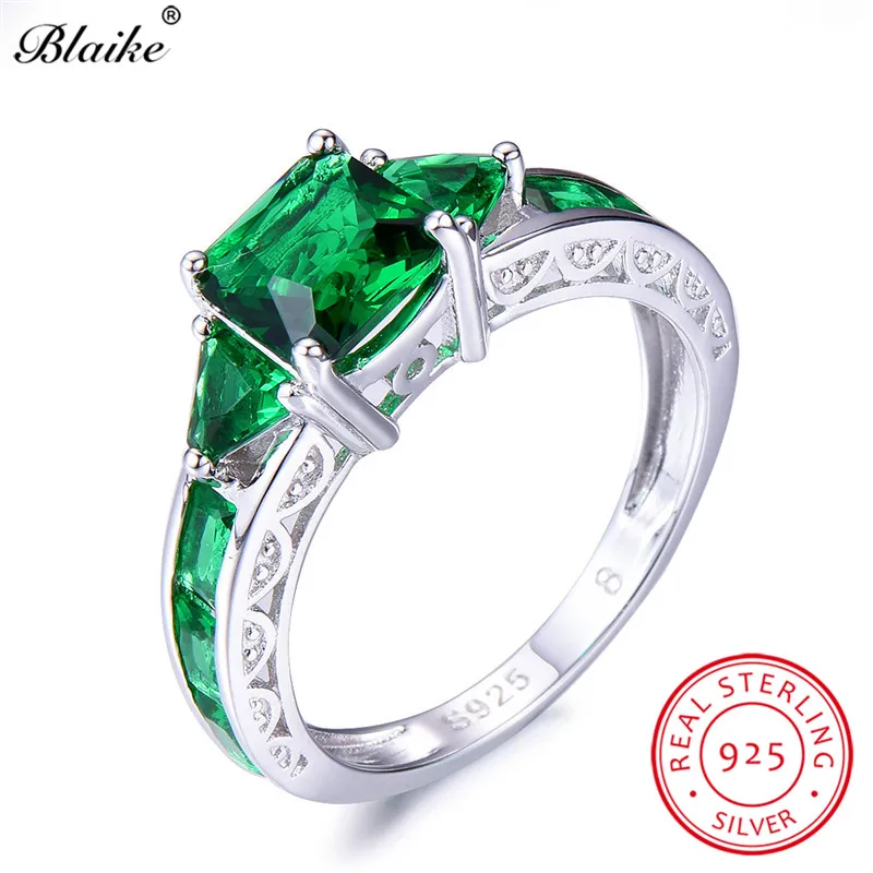 Blaike, размер 5-11, квадратное кольцо с камнем рождения, настоящее Серебро S925 пробы, кольца для женщин, перидот/рубин/Топаз, Радужный циркон, ювелирные изделия - Цвет камня: Green Emerald Ring
