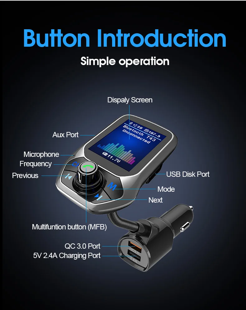 CDEN Автомобильный mp3 цветной большой экран 1,8 дюйма u-диск музыкальный плеер Bluetooth приемник fm-передатчик QC3.0 быстрая зарядка автомобильное зарядное устройство