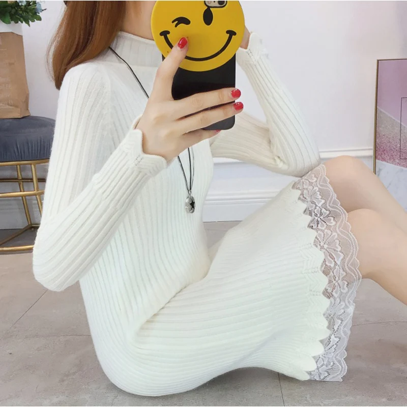 

2019 Autumn Winter Dresses Women Knitted Pullover Slim Lace Stitching Stretch Knit Sweater Bottoming Shirt Women Midi Dress K982