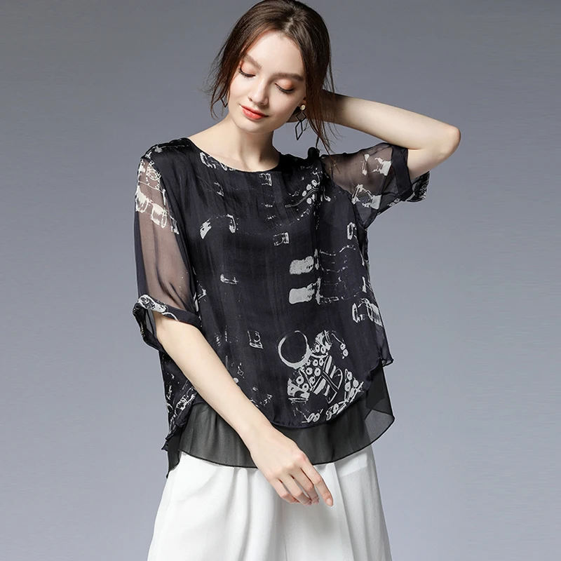 

Silk Blouses&shirts summer Short sleeve print plus size woman 2020 lady black silk elegant large blouses tops shirts 4xl