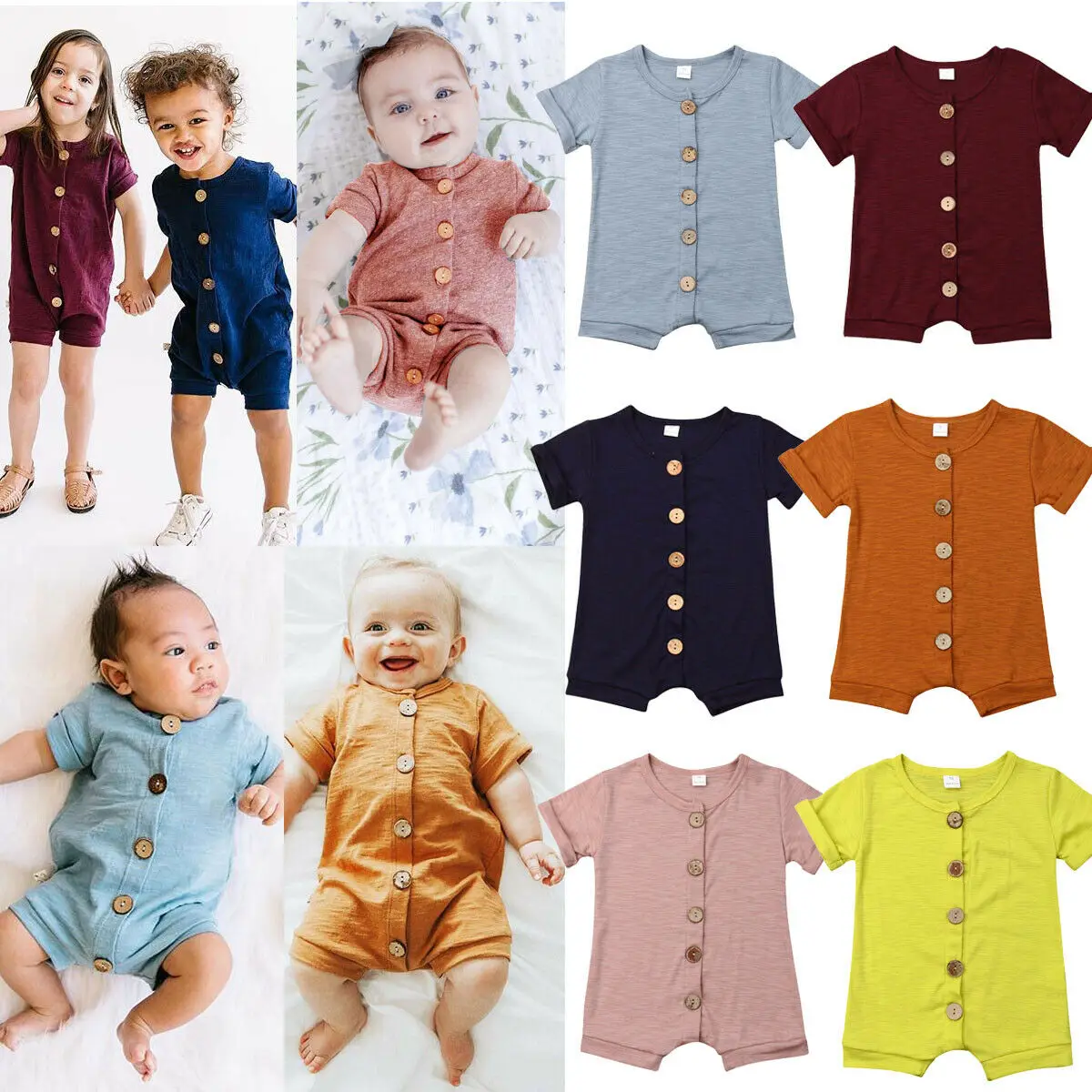 Summer New 0-24M Toddler Baby Rompers Boy Girl Bamboo Cotton Short Button Romper Jumpsuit Sunsuit Outfit Clothes 6 Colors