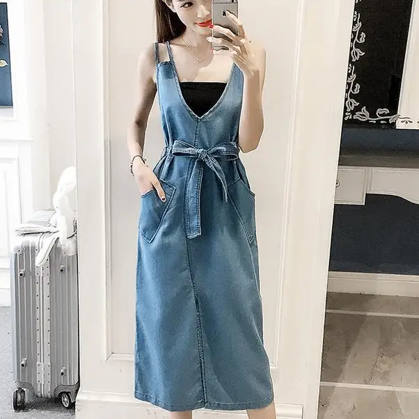 

2018 summer fashion Women knee-length Denim Strap Dress v-neck loose a-line jeans dress