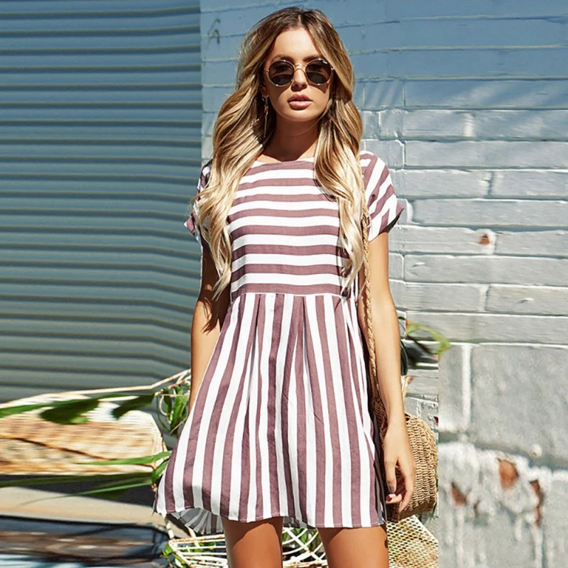 

Women Summer Short Sleeve O-Neck Loose Dresses Fashion Women Boho Beach Dress Elegant Pink Blue Striped Female Vestidos