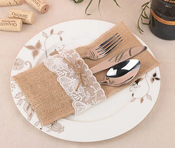 100X Hessian Burlap Lace Heart Cutlery Holder Pouch Bag Wedding Tableware Decor 