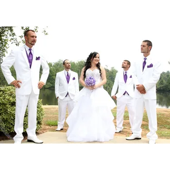 

2018 new white male mens smoking masculino suit tuxedo 3 pieces lapel wedding dress suits for groom men (jackets+pants+vest)