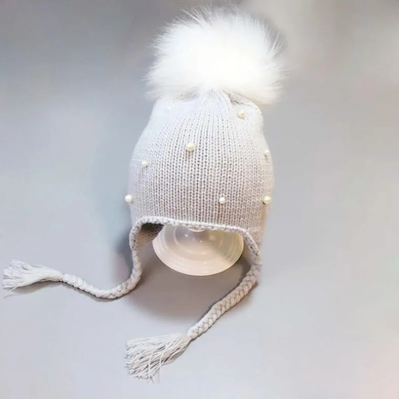 Милая шапочка для малыша с героями мультфильма, Теплая Зимняя Вязаная Шапка-бини для девочек и мальчиков с помпоном, защищающая уши, шапка в форме кролика, детская шапка - Цвет: style 2 gray