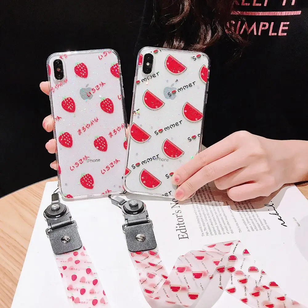 

Summer Fruit Glitter Phone Case For Xiaomi Mi 8 Lite Cover Xiomi Mi 9 A2 6 6X 8 SE Bling Transparent Soft TPU Lanyard Back Cover