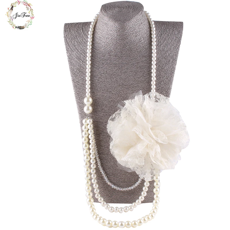 

JIOFREE big chain beads Necklace Lvory simulated Pearl Cloth flowers long Necklace wedding pearl necklace for women jewelry