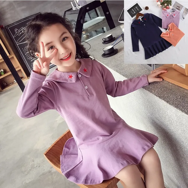 

New Girls Long Sleeve Dresses Kids Girl Button Princess Toddler Dress Party Vacation Costume Elegant Turn-Down Collar Clothes