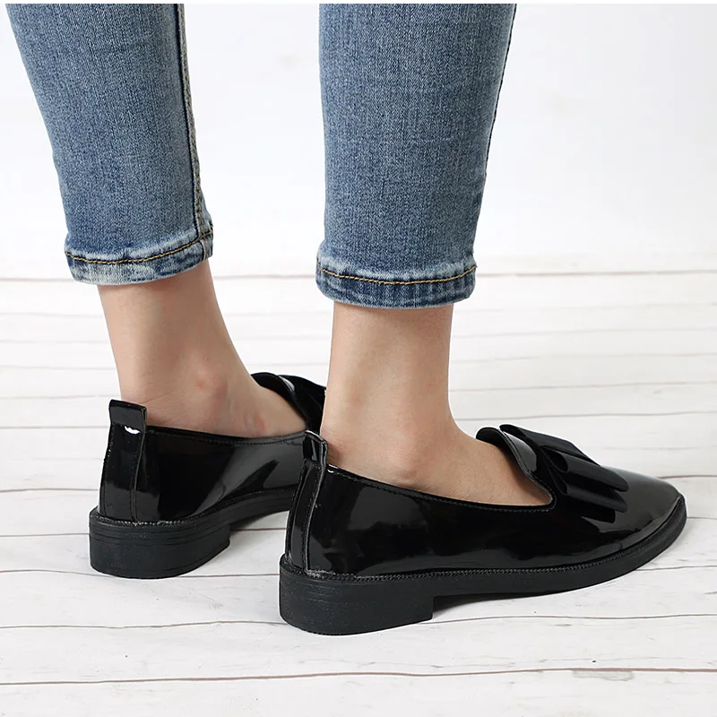 Dropshipping Women Shoes Bowtie Flats Patent Leather Elegant Low Heels Slip On Footwear Female Pointed Toe Thick Heel XXZ04