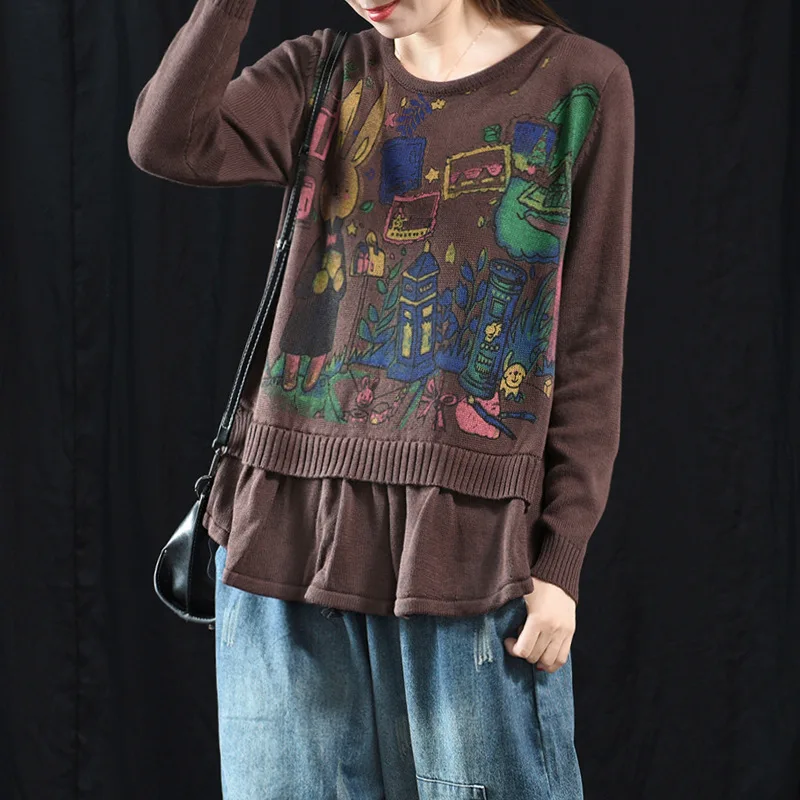 

Retro art autumn new cartoon printing knit long-sleeved pullover sweater js