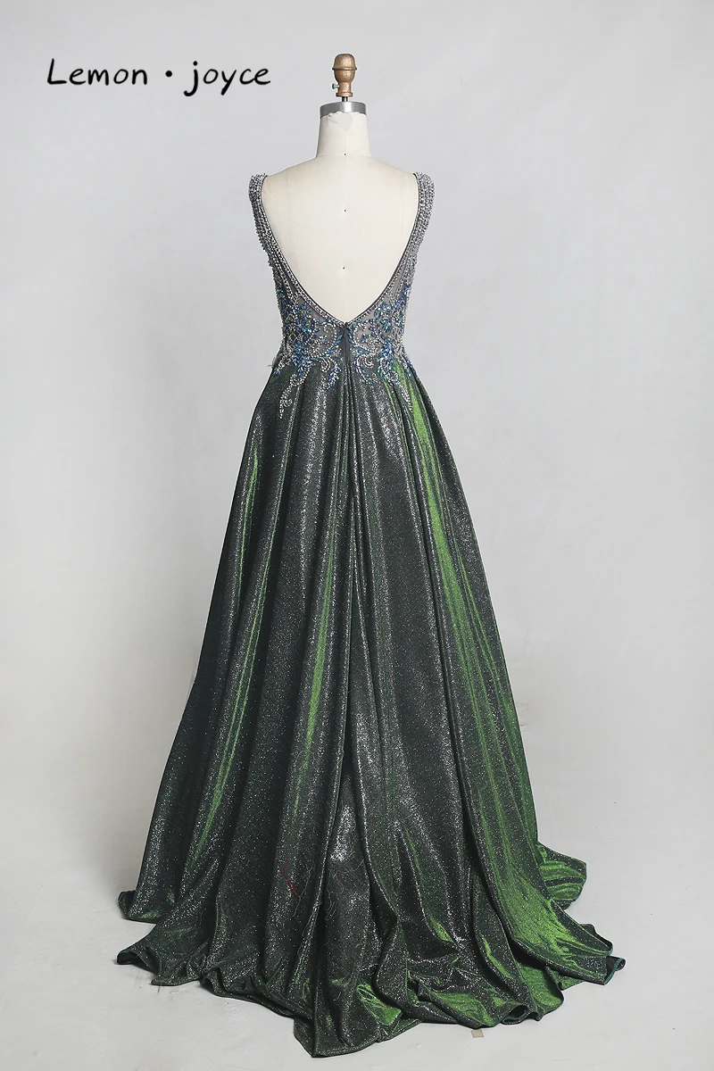 Lemon joyce Green Prom Dresses 2020 Sexy V-neck Beading Shiny Dubai Evening Gown vestidos de gala Plus Size