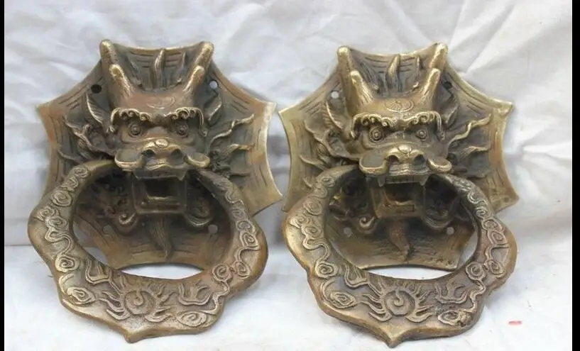 

67110327+++ 5"Old Chinese Fengshui bronze Evil Dragon Head Statue Mask Door knocker pair
