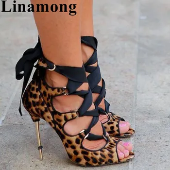 

Summer Women Sandals Leopard Mixed Colors Cross-tied Metal Heel Sexy High Heel And Peep Toe Cover Heel Fashion Women Shoes