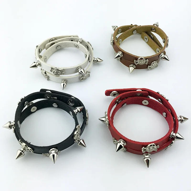 Black Brown Leather Bracelet Punk Rock Skull Rivets