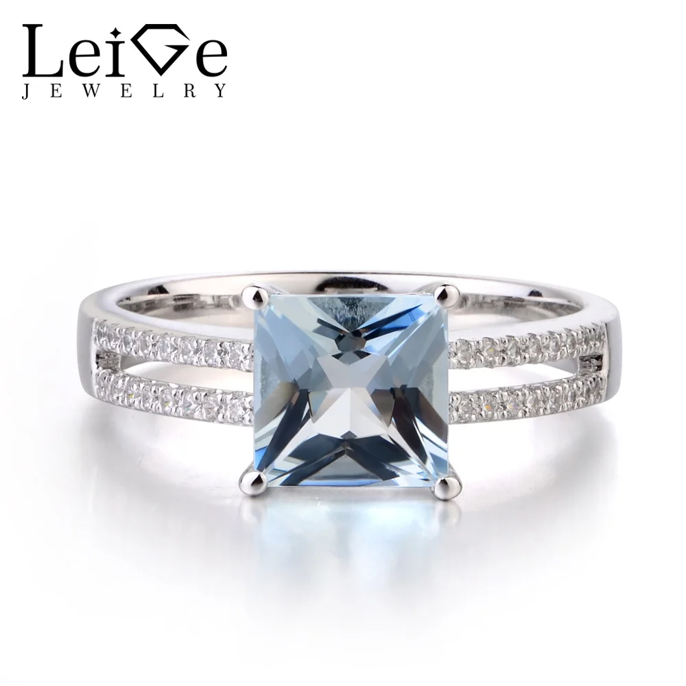 Leige Jewelry Real Natural Aquamarine Solid 925 Sterling Silver Ring