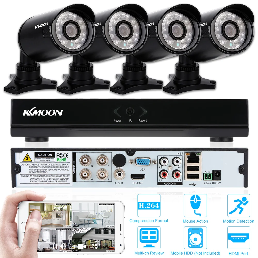 KKmoon 4CH 960H DVR + 4pcs 800TVL IR CUT Day Night Outdoor IP66 CCTV Security Camera Video Surveillance System Kit Remote View