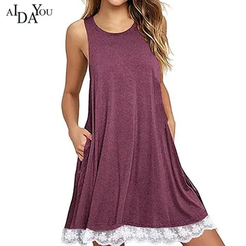 

Summer Lace Woman Mini Dress Beach Bohemian Sleeveless Round Neck Loose Casual 2XL Sundresses Clothes OUC3120