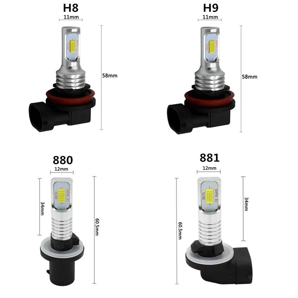 Комплект из 2 предметов H7 светодиодный лампы H1 H3 H8 H9 H11 H27 881 9005 HB3 9006 HB4 светодиодный Противотуманные фары Дневные Фары Светильник лампы 6500K 1600LM CSP супер яркий автоматический светильник s лампы