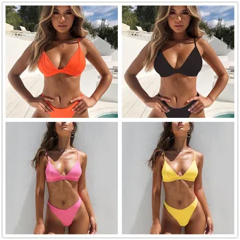 

2019 Mid Waist New Summer Women Two Pieces Bikini Set Solid High Quality Padded Push Up Swimwear Brazilian Bikini A2344YPC