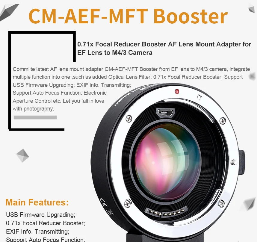 Commlite AEF-MFT Booster 0.71x фокусный преобразователь Booster переходник-крепление для объективов с автофокусом для объектива Canon EF для Panasonic/для Olympus M4/3