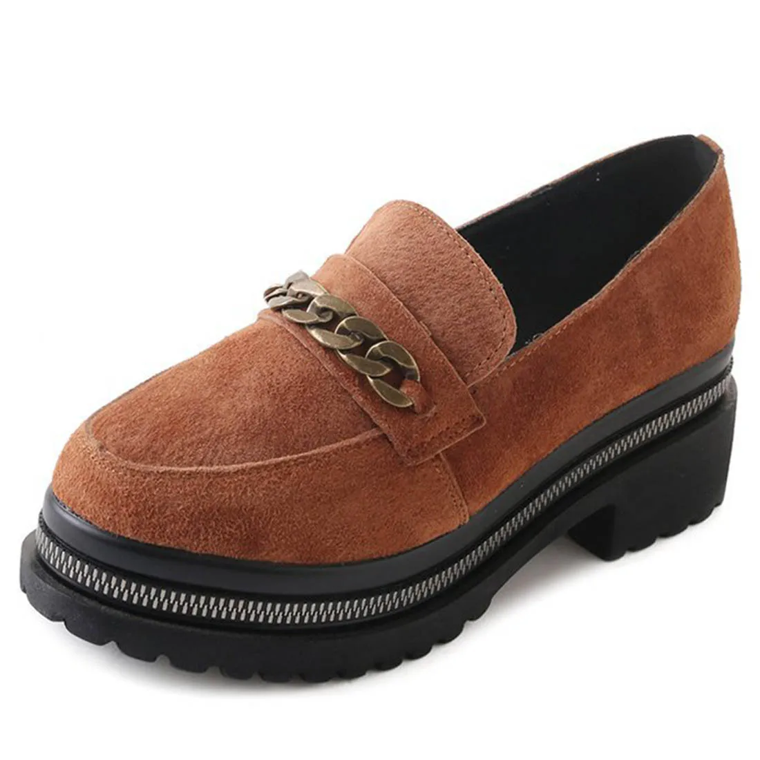 New Fashion Chunky Block Sole Mid Heels Loafers With Chain