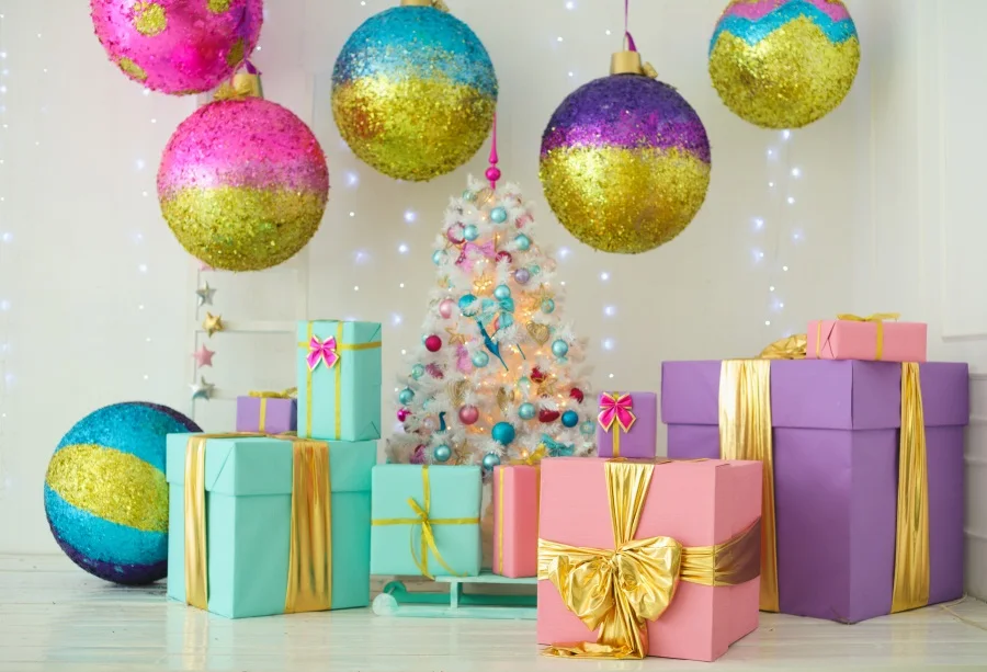 

Laeacco Christmas Tree Light Bulb Colorful Balls Bauble Gift Child Photo Background Photography Backdrops Photocall Photo Studio