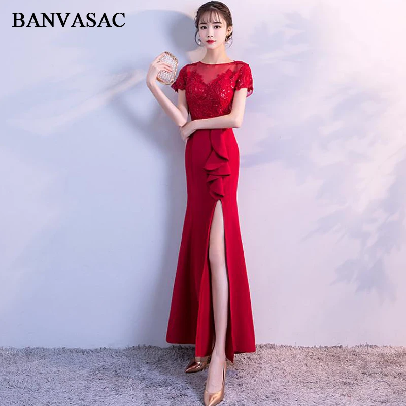 

BANVASAC 2018 Illusion O Neck Sequined Ruffles Split Mermaid Long Evening Dresses Party Lace Appliques Backless Prom Gowns