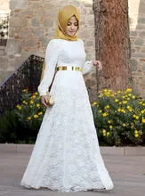 New Arrival White Long Sleeve Muslim Hijab Kaftan Evening Dress 2017 New Design High Neck Lace Dubai Abaya Party Dresses