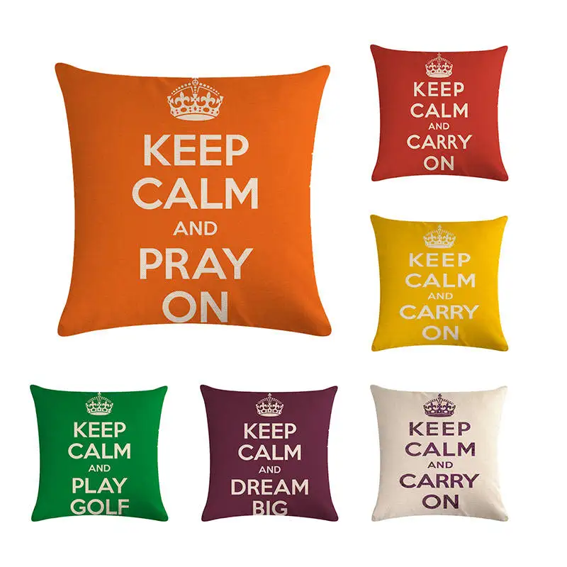 Наволочка для подушки с надписью Keep Calm and Carry on цветная ткань 45x45 см тонкая льняная