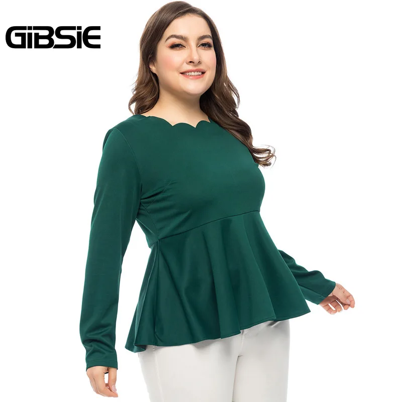 Женская блузка с баской GIBSIE повседневная однотонная офисная круглым вырезом и