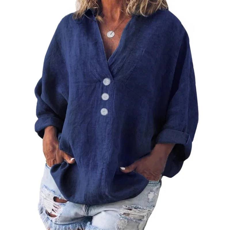 Wenyujh осенние однотонные женские рубашки размера плюс 5XL Повседневная хлопковая блузка с v-образным вырезом женские льняные блузки с длинным рукавом рубашки женские - Цвет: Dark Blue
