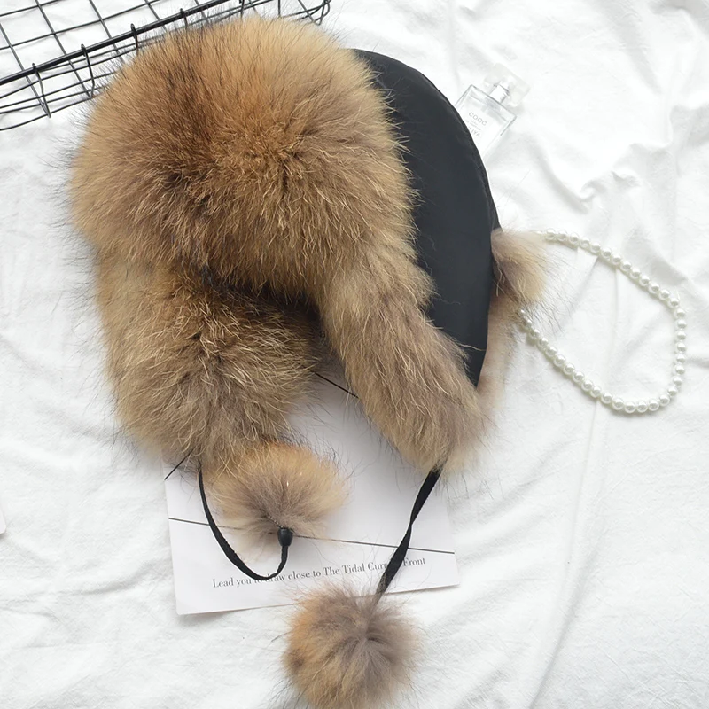 Модный стиль «Русская зима» из натурального меха лисы шляпа Лидер продаж Для женщин теплые Хорошее качество Натуральная шапка из меха лисы - Color: raccoon fur