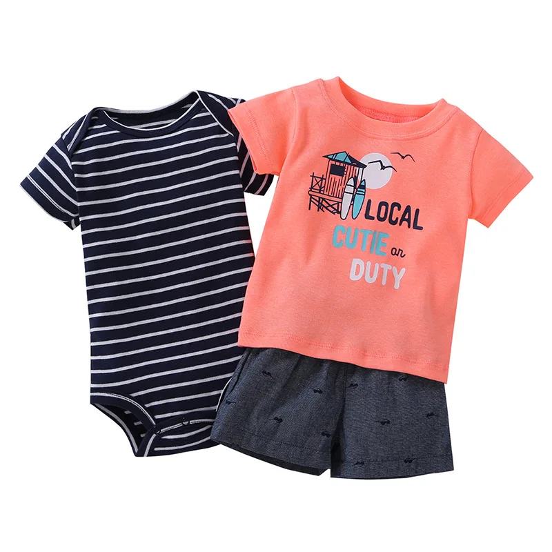 Комплект одежды для новорожденных мальчиков из 3 предметов, лето 2019, Модный хлопковый топ с короткими рукавами + комбинезон + шорты, одежда