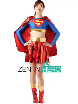 

Free Shipping DHL Sexy Girl Superhero Halloween Costume Lycra Spandex Supergirl Bodysuit Costume Two Pieces With Cape SBC026