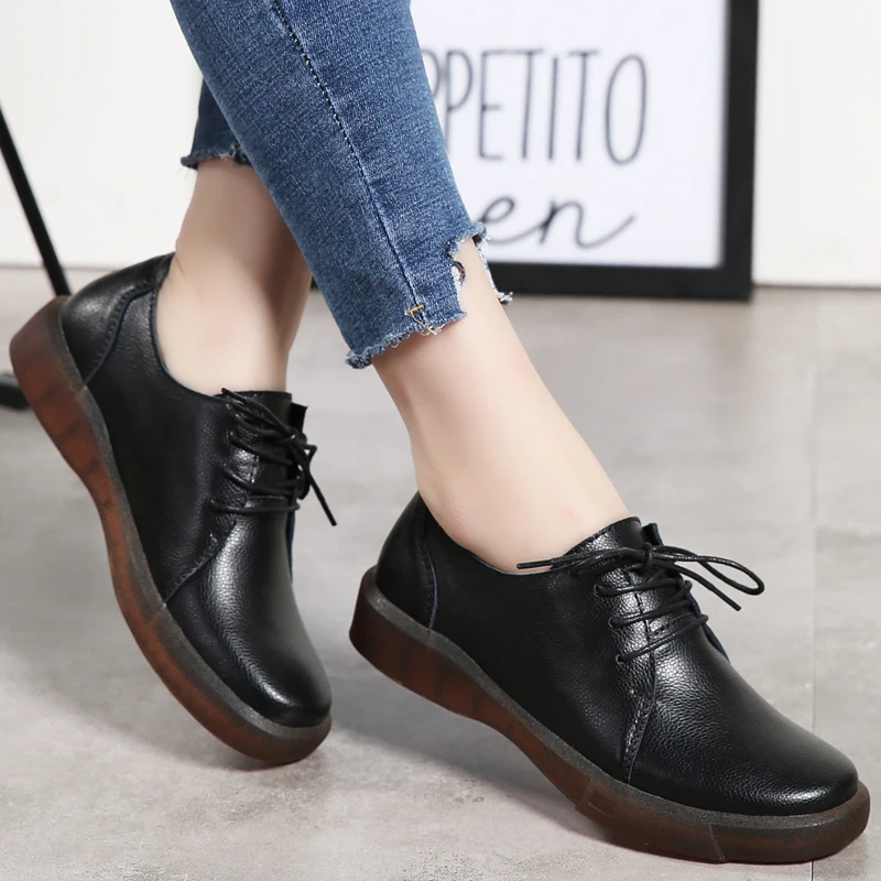 

JKPUDUN 2019 Women Sneakers Oxford Shoes Flats Shoes Woman Genuine Leather Lace Up Boat Shoes Round Toe Black Loafers Moccasins