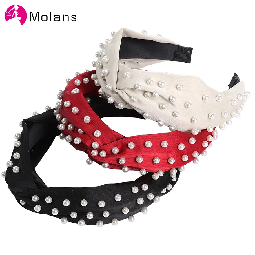 

Molans Bohemian Pearls Knot Hairbands Solid Pearl Beading Women Hair Accessories Soft Fabric Center Knotted Wide Hairband