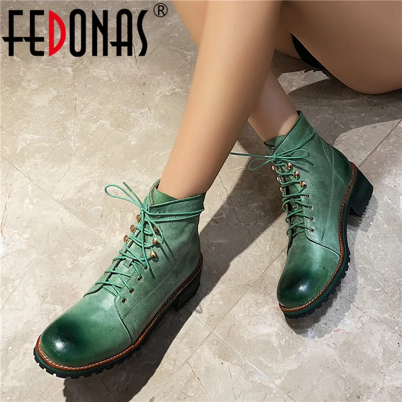 

FEDONAS Winter Classic Boots Quality Genuine Leather Women Ankle Boots Lace Up High Heels Punk Short Boots Office Shoes Woman