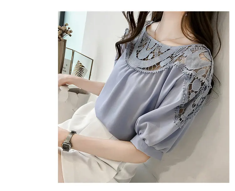 New Summer Tops Large Size Chiffon Blouses Women Korean-style Hollow Lace Patchwork Shirts Femme Casual Short Sleeve Blusas Mujer De Moda 2019 (12)