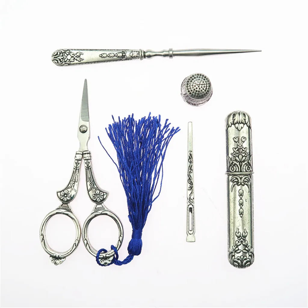 

5pcs Vintage Sewing Scissors Set Alloy Awl Threader Thimble Needle Case Kit