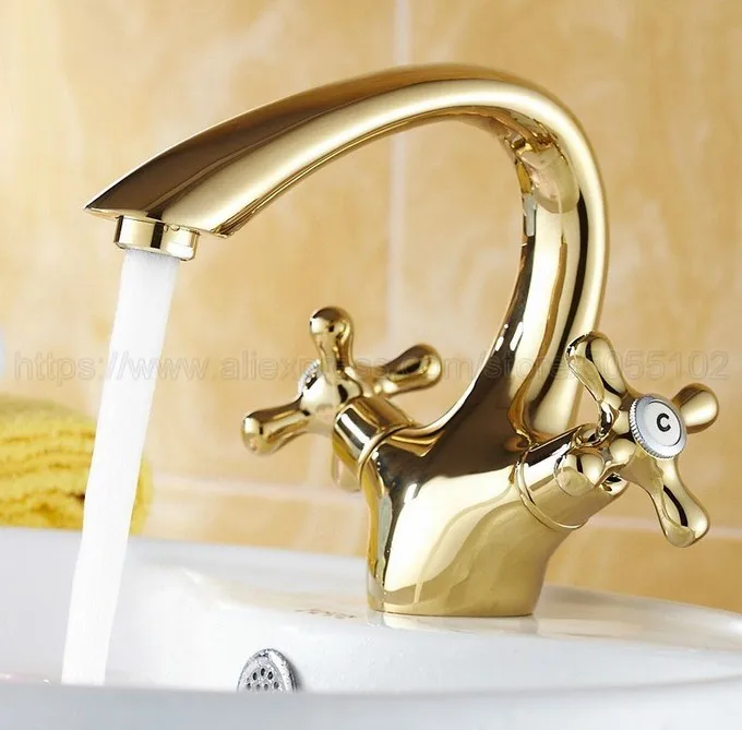 Gold Color Brass Bathroom Basin Faucet Lavatory Sink Tap Mixer Double Cross Handle Bath Tap Hot and Cold Mixer Tap znf231